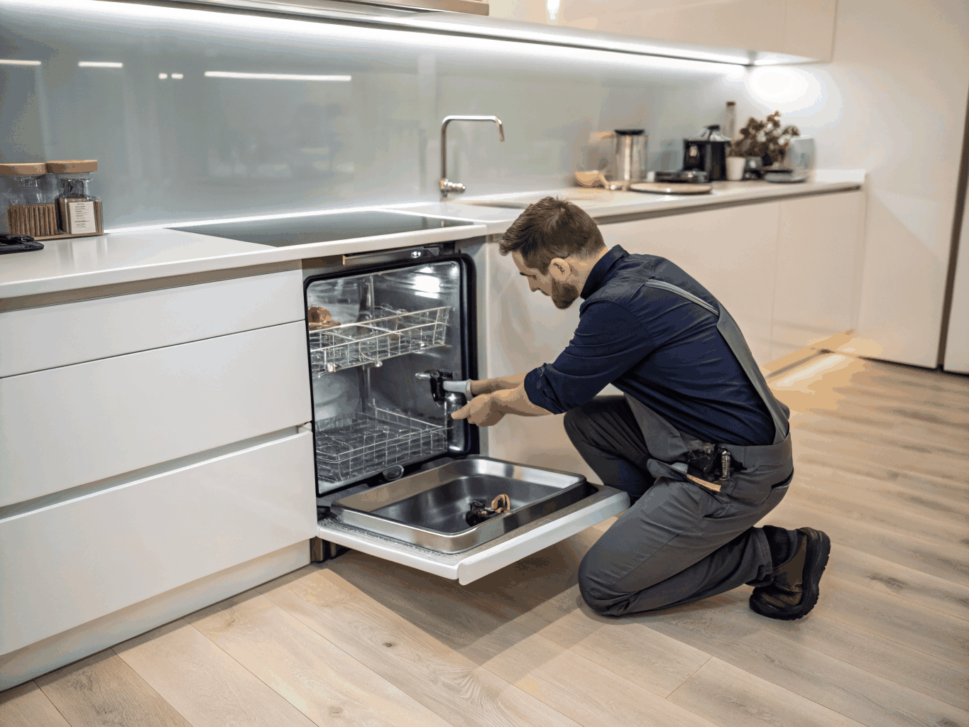 Professional technician servicing a Bosch appliance in a modern kitchen