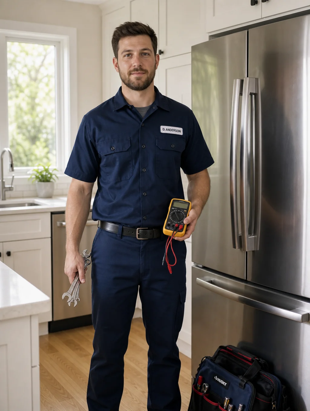 Certified appliance technician servicing a modern kitchen appliance in Cobb County