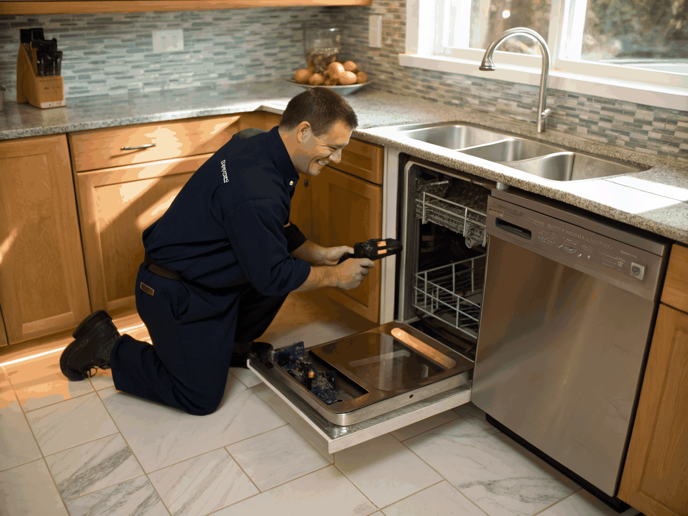 Professional technician inspecting and repairing a modern kitchen dishwasher in Kennesaw GA