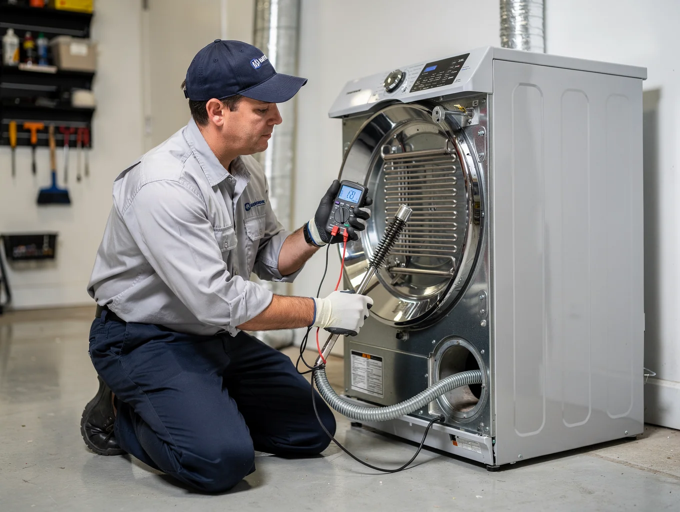 Technician inspecting a dryer heating element coil with diagnostic tools