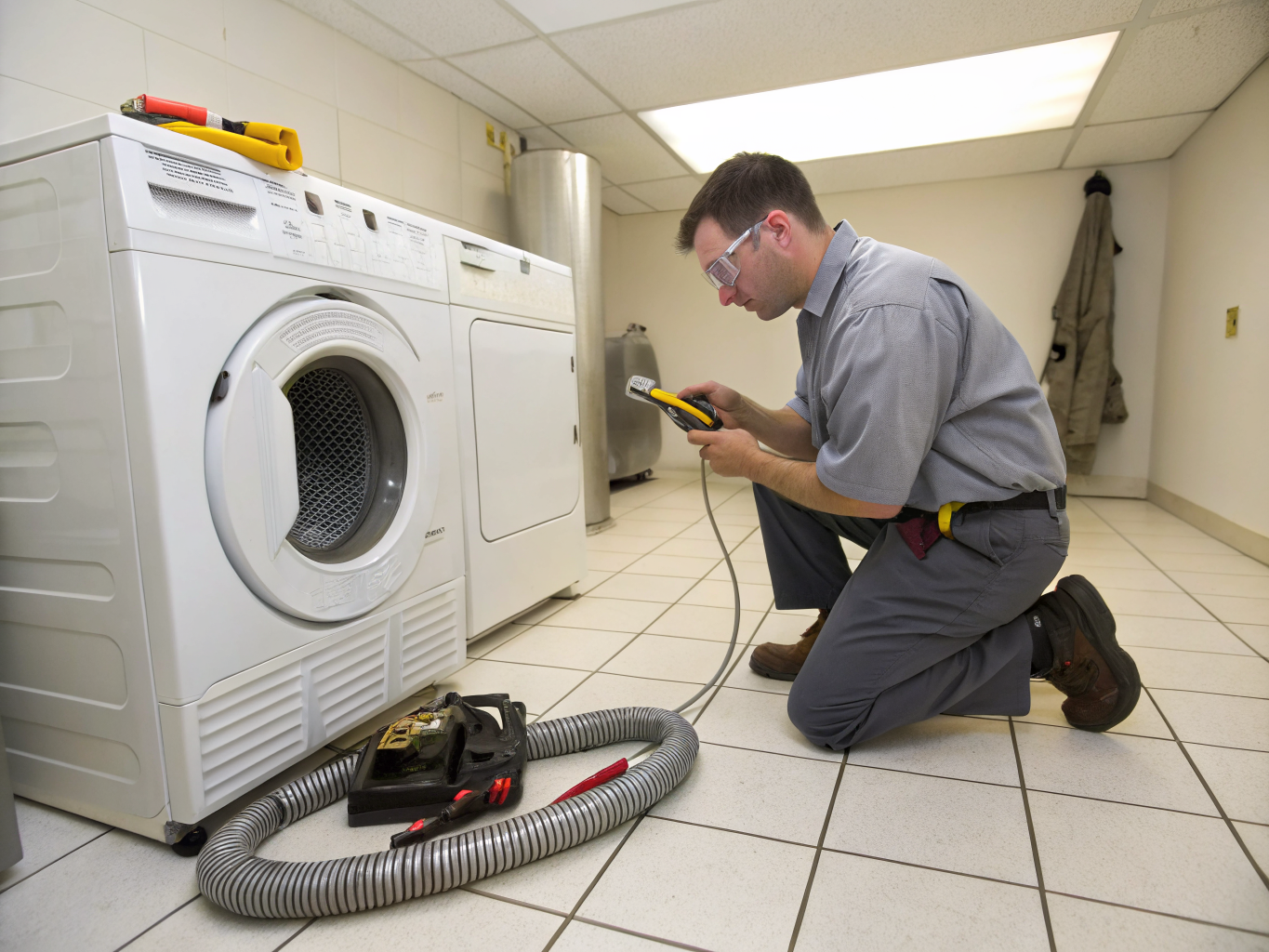 Appliance technician performing maintenance and lint inspection on a dryer in Kennesaw