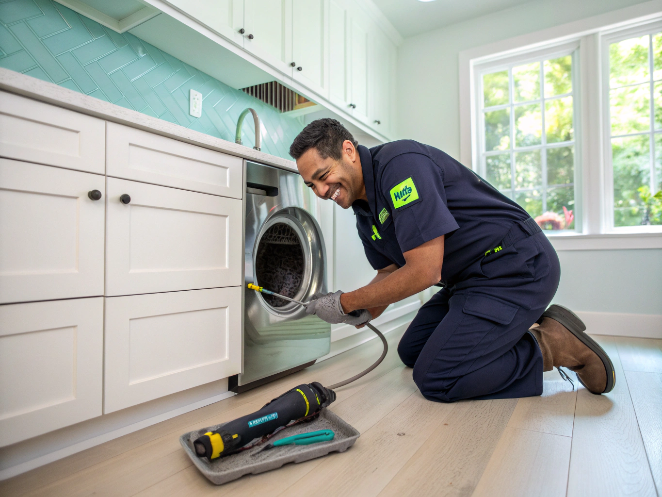 Professional duct cleaning equipment flushing dryer exhaust pipe