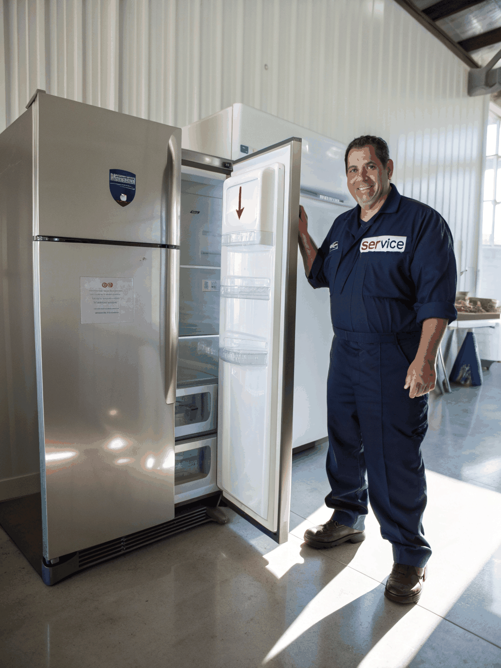 Kennesaw technician servicing a Frigidaire stainless steel refrigerator