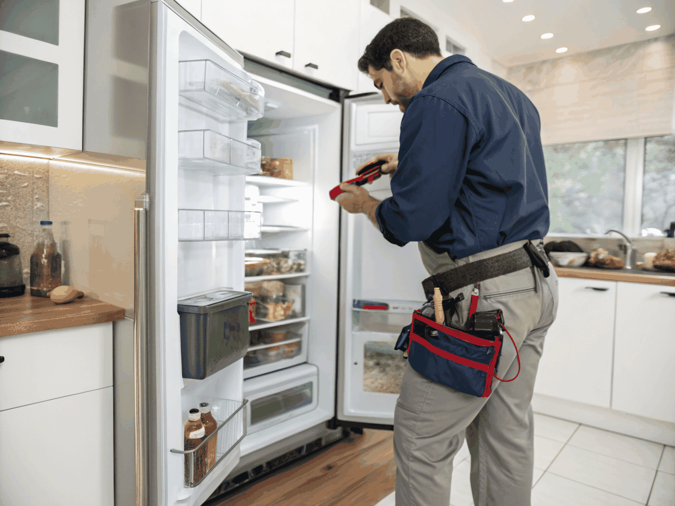 Technician repairing a Frigidaire refrigerator in a Kennesaw kitchen