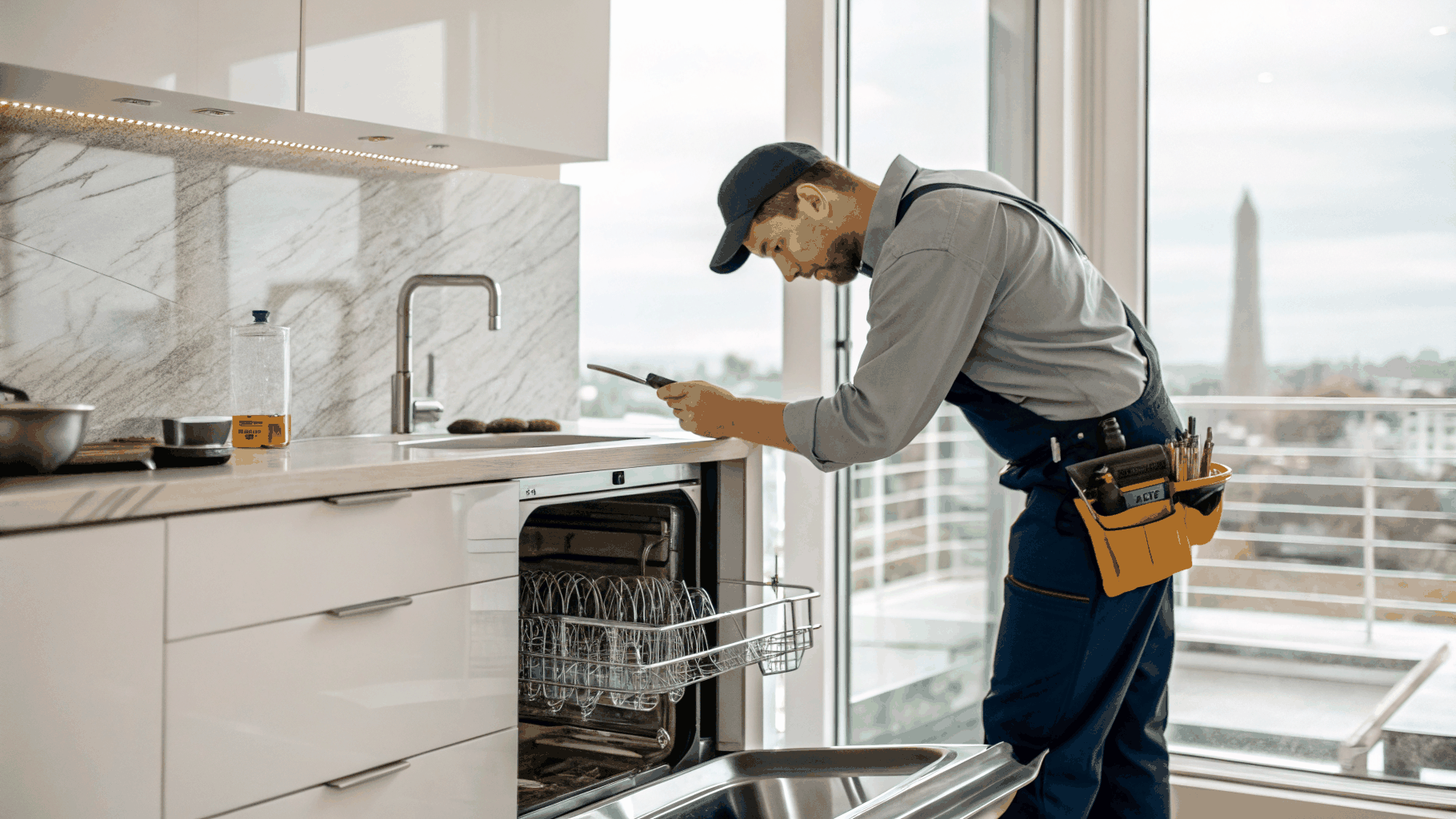Professional technician inspecting a modern GE kitchen refrigerator and oven