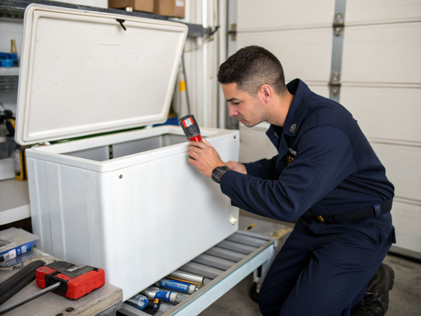 Stand-alone chest and upright freezer compressor testing and defrost service