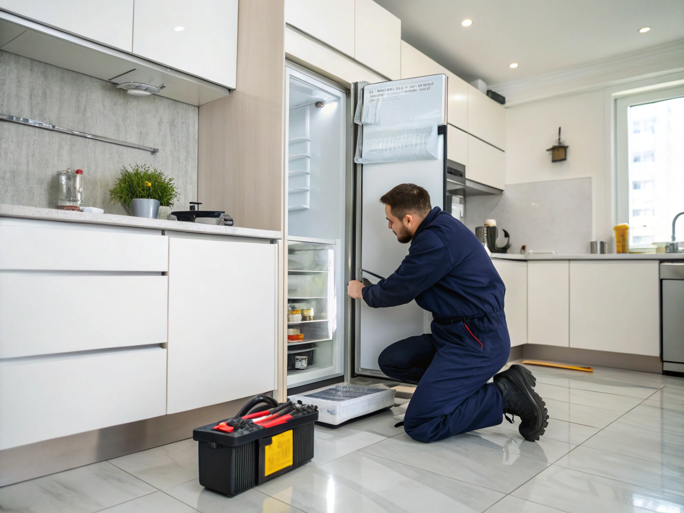 Technician inspecting sealed system and condenser coils on residential refrigerator in Kennesaw