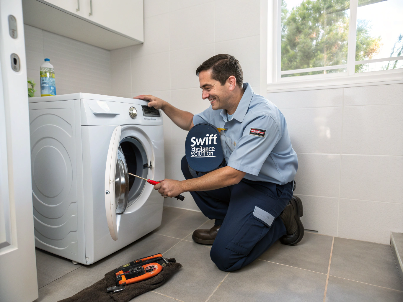 Front-load washing machine drum and suspension inspection in laundry room