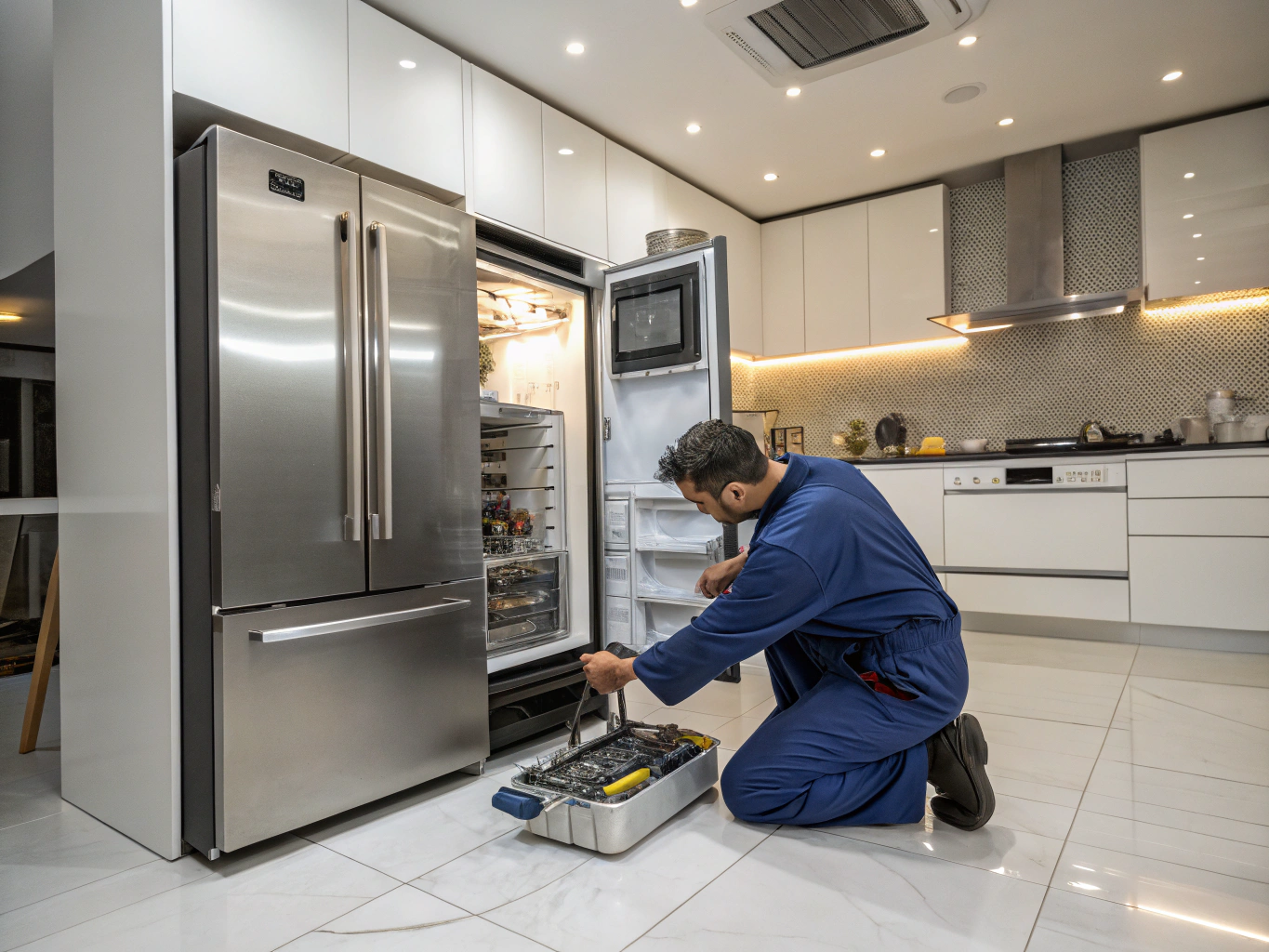 Technician repairing high-end KitchenAid stainless steel appliances in a Kennesaw home