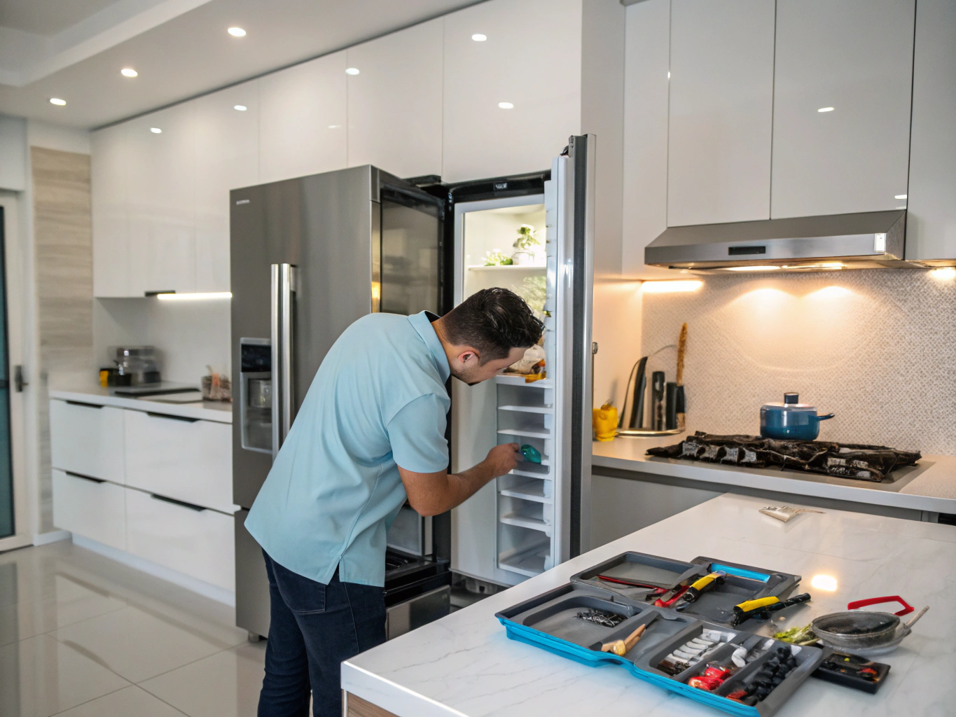 Technician repairing a KitchenAid premium kitchen appliance in Kennesaw