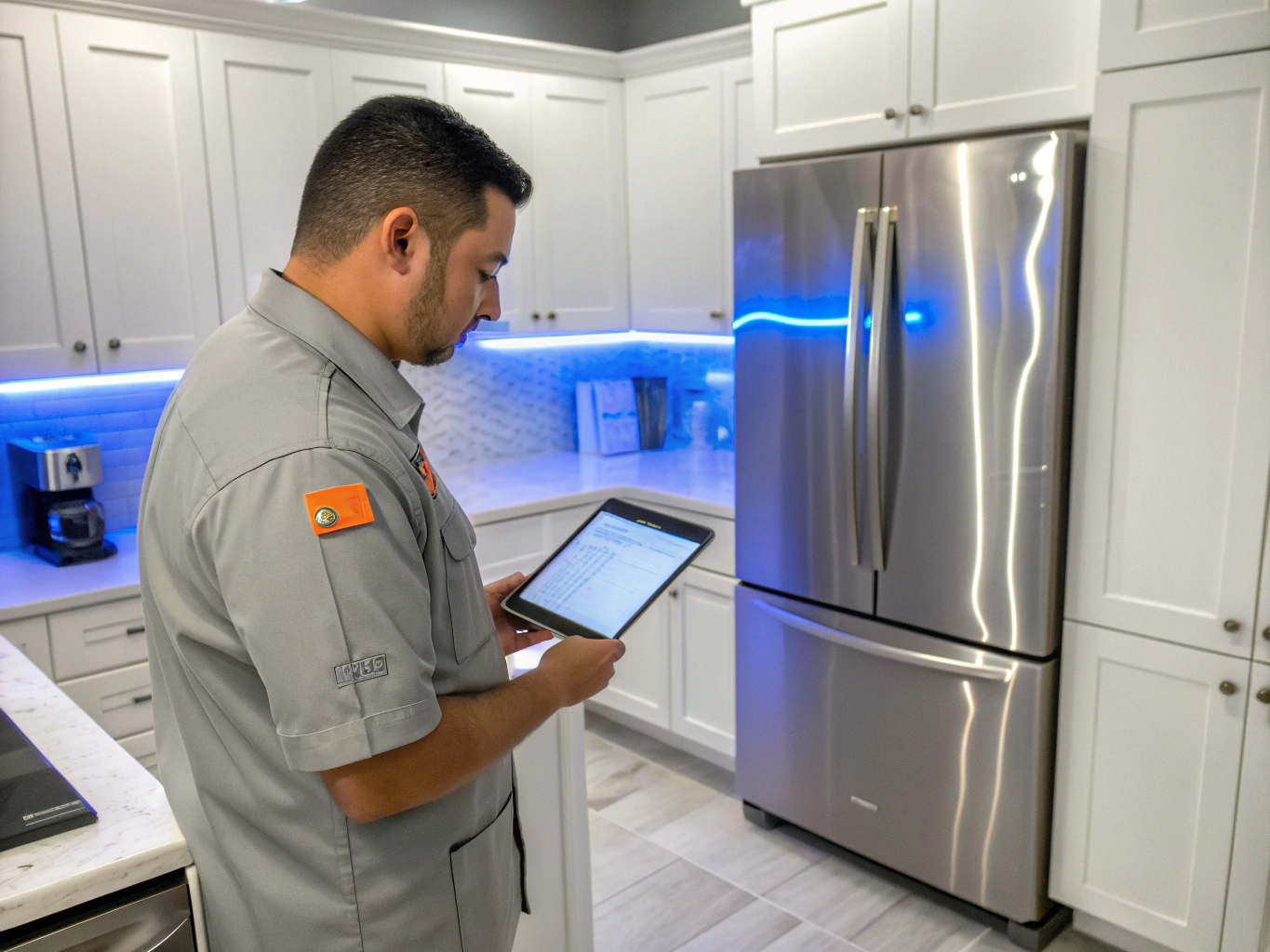 Certified appliance technician servicing an LG smart appliance with digital diagnostic equipment