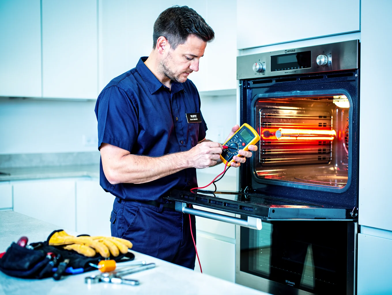 Certified technician inspecting modern stainless steel oven and range