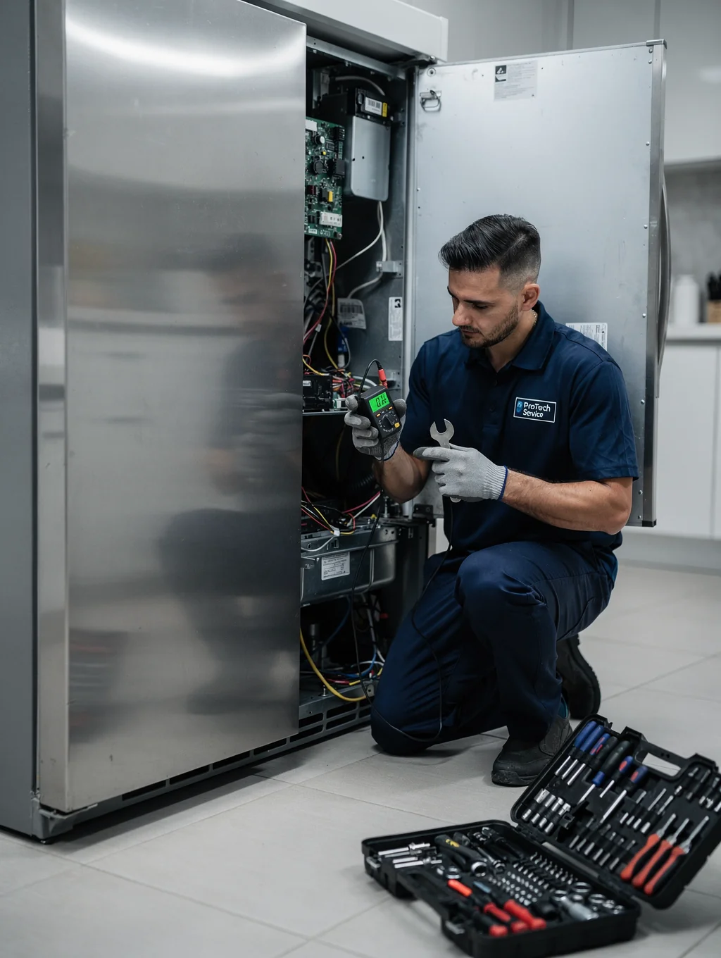 Technician testing refrigerator ice maker unit