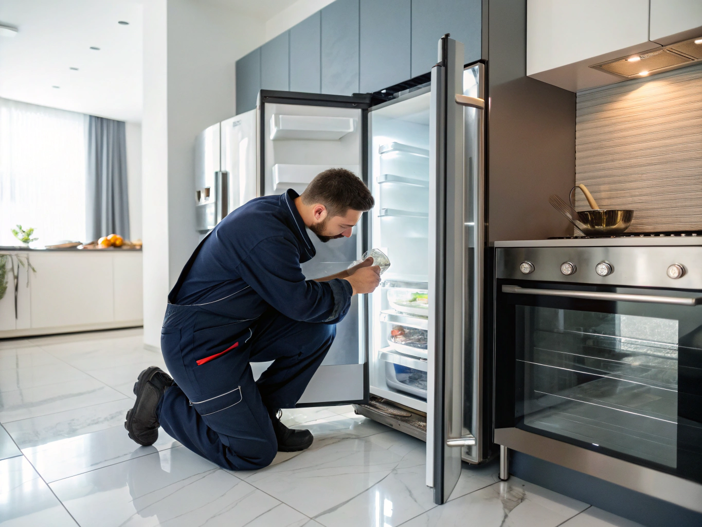 Appliance repair technician diagnosing temperature and cooling components on a refrigerator
