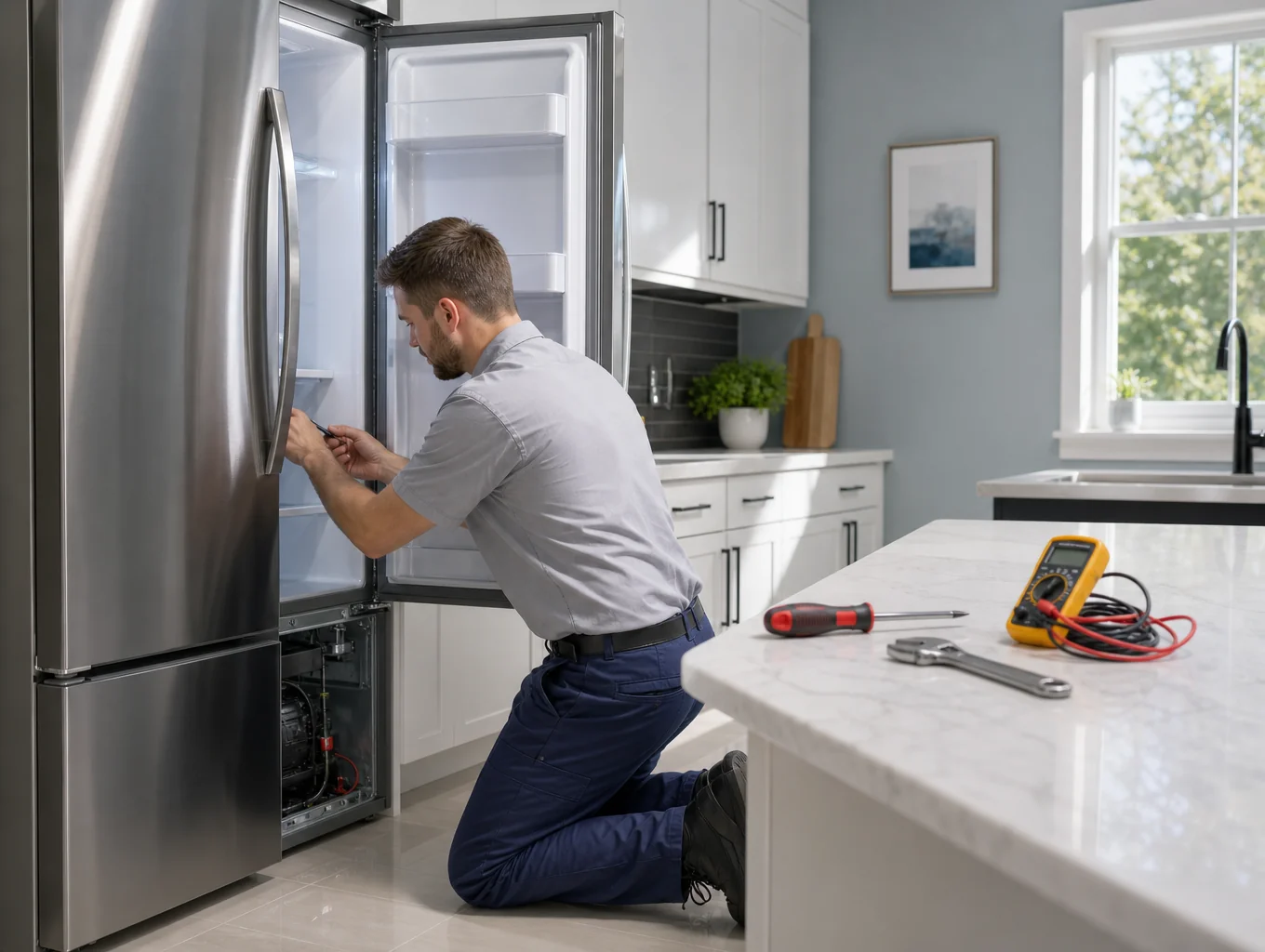 Professional appliance technician working on refrigerator diagnostics