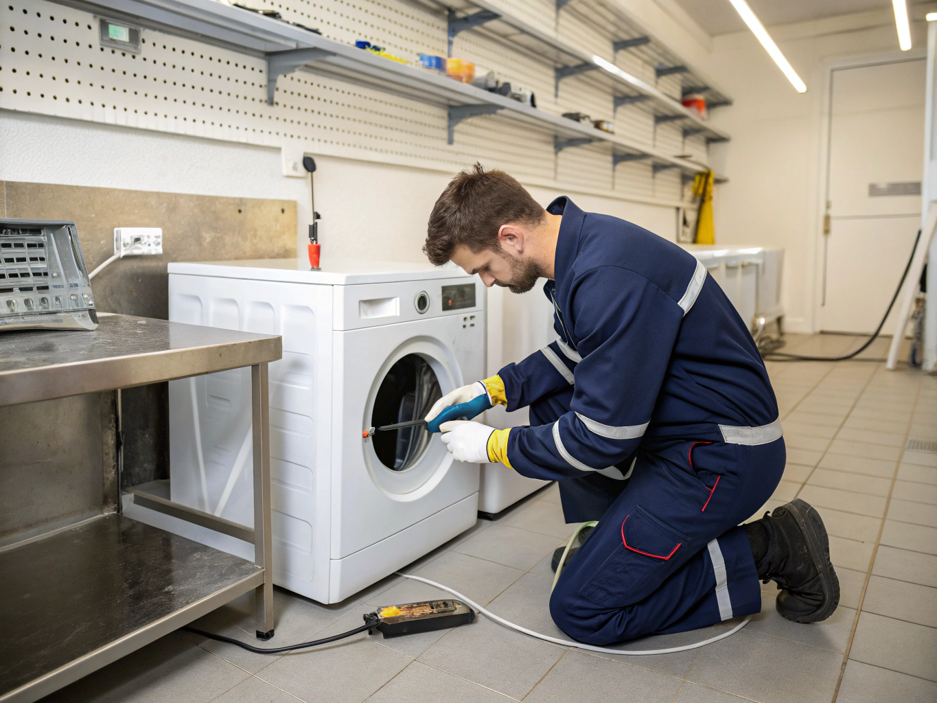 Certified technician inspecting spinning drum mechanism inside a washing machine