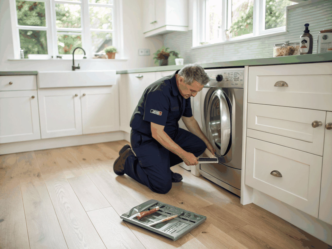 Professional technician inspecting a modern washing machine in Kennesaw GA